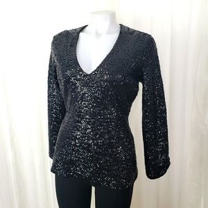 Vintage black sequin long sleeve deep v-neck top size medium